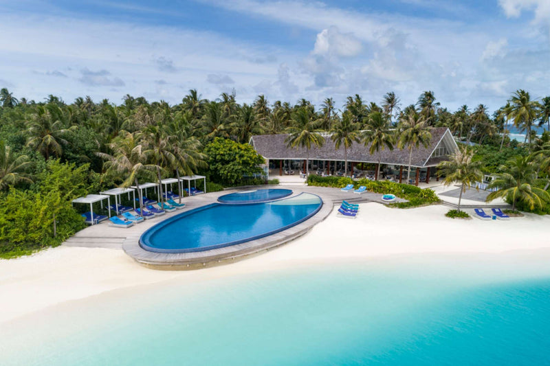 BLU restaurant at Niyama Private Islands seen from the air, standing over the lagoon