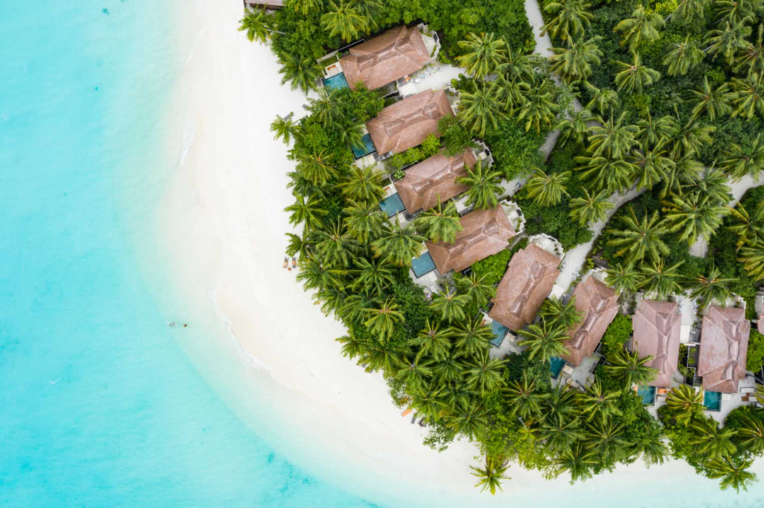 The beach villas at Ayada Maldives from the air, set among palms along a curve of white sand