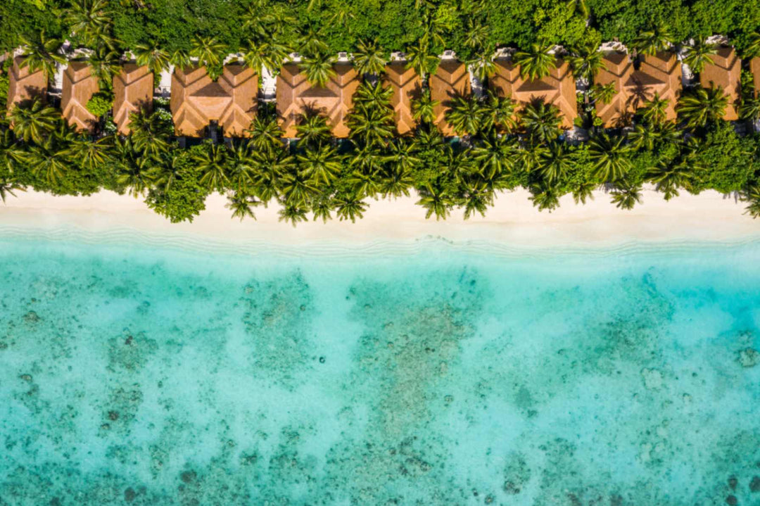 The beach villas at Ayada Maldives from directly above, thatched roofs among palms along the sand