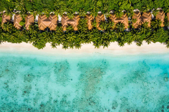 The beach villas at Ayada Maldives from directly above, thatched roofs among palms along the sand