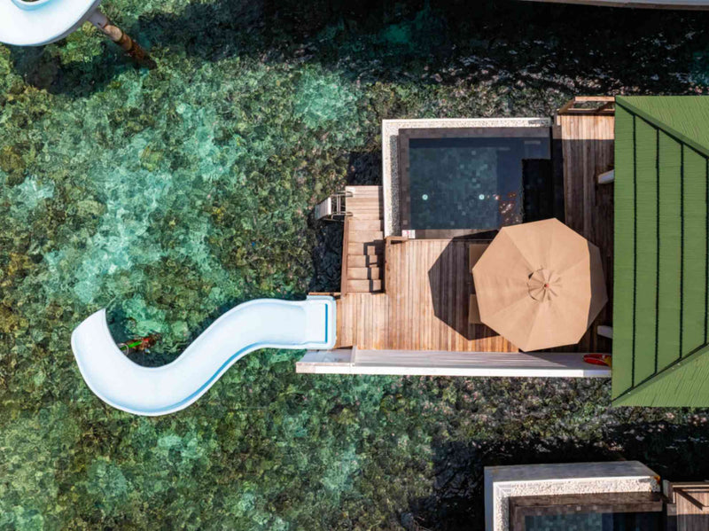 Aerial view of the resort island from the air at Siyam World, Noonu Atoll, Maldives