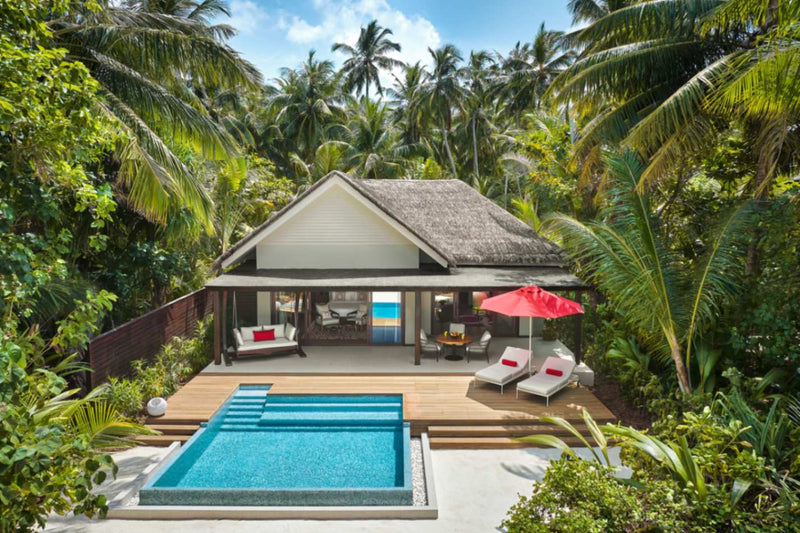 Deluxe Family Beach Pool Villas fronting the beach at Niyama Private Islands, seen from the air