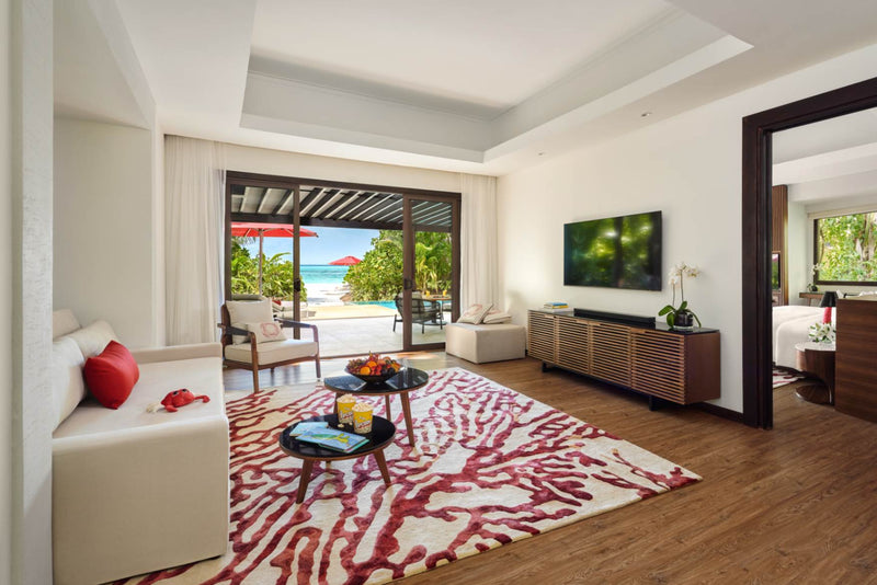Living room of a Family Beach Pool Villa at Niyama Private Islands