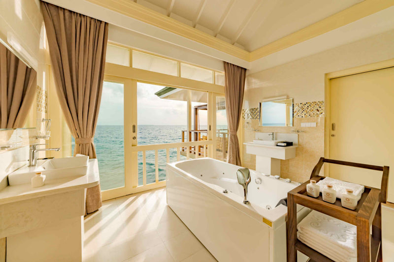 Bathroom of a Grand Water Pavilion with Pool and Slide at Siyam World, Noonu Atoll, Maldives