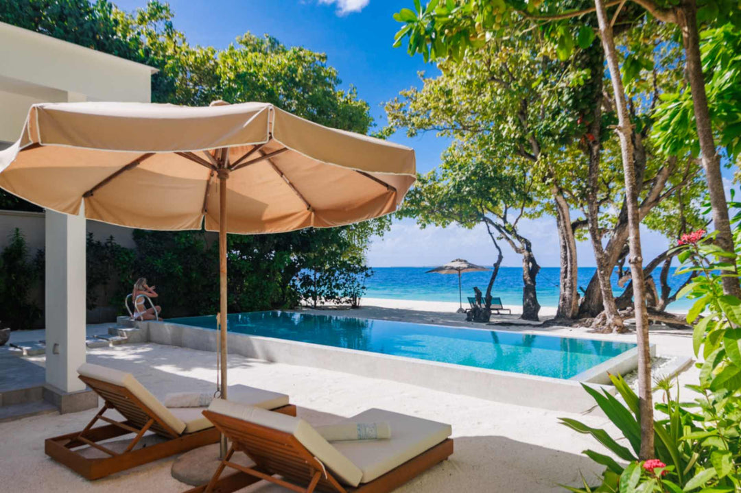 A beach villa pool at Amilla Maldives, parasol and loungers between the palms and the lagoon