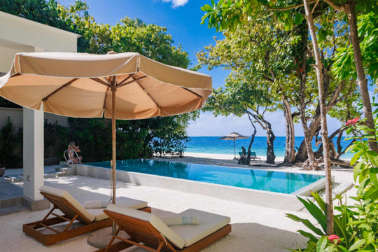 A beach villa pool at Amilla Maldives, parasol and loungers between the palms and the lagoon