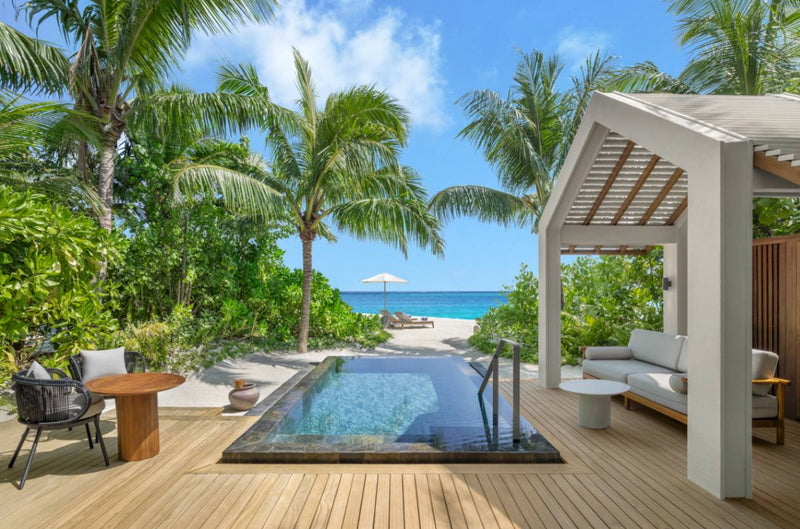 Private pool and sun deck of a Beach Pool Villa at JW Marriott Maldives