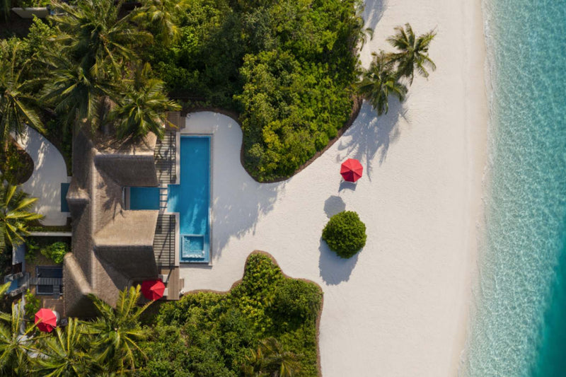 Aerial view of a One Bedroom Beach Pool Pavilion at Niyama Private Islands