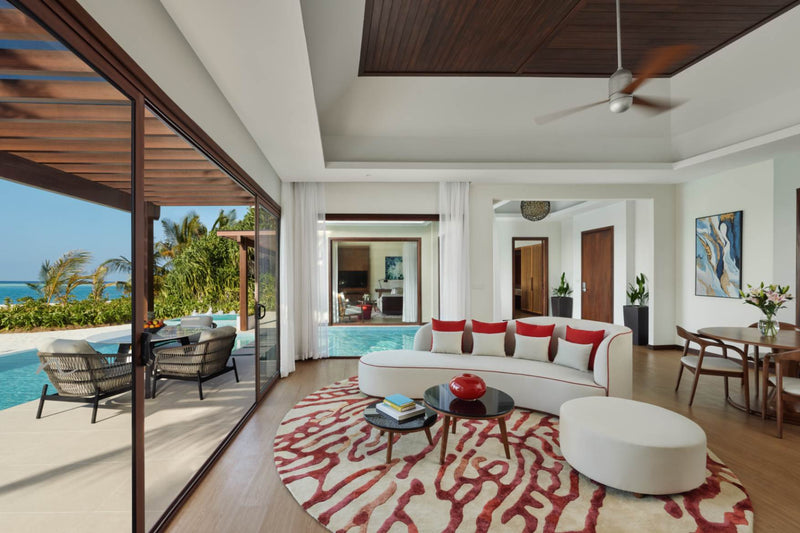 Living room of a One Bedroom Beach Pool Pavilion at Niyama Private Islands