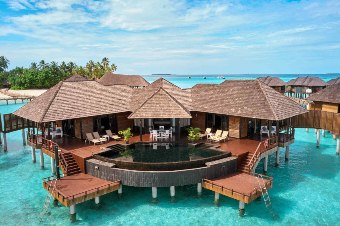 Aqua Retreat at Sun Siyam Iru Fushi seen from the air, a two-bedroom retreat