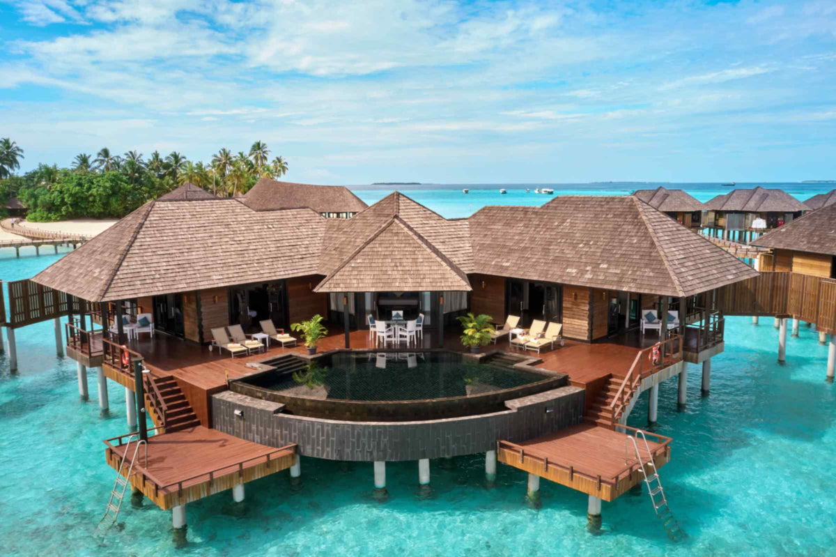 Aqua Retreat at Sun Siyam Iru Fushi seen from the air, a two-bedroom retreat