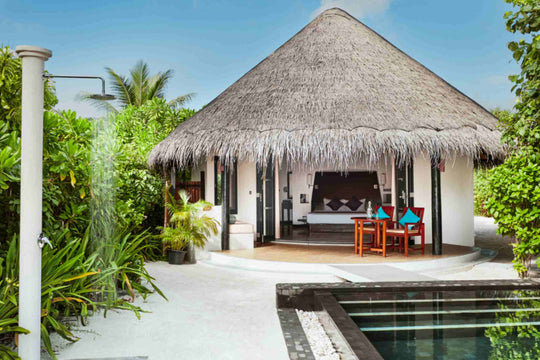 Deluxe Beach Villa with Pool at Sun Siyam Iru Fushi from outside, 192 sq m on the sand