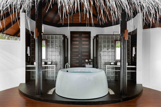 Bathroom of a Family Deluxe Beach Villa with Pool at Sun Siyam Iru Fushi, 206 sq m on the sand