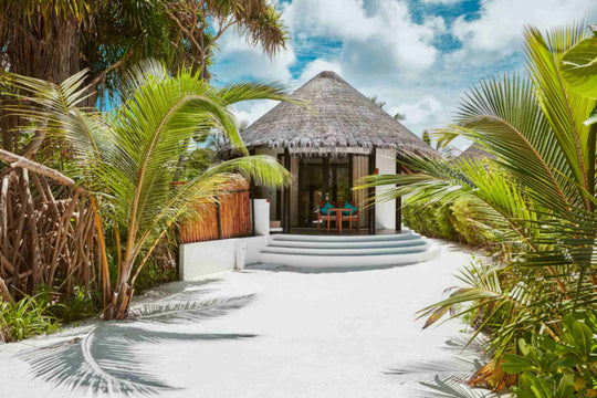 Private Pool Beach Villa at Sun Siyam Iru Fushi seen from the beach, 200 sq m on the sand