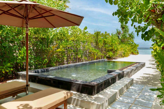 Pool Beach Villa, interior and private pool at Siyam World, Noonu Atoll, Maldives