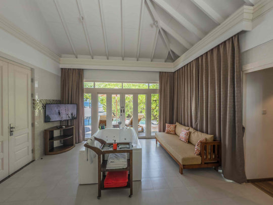 Villa deck looking out over the water at Siyam World, Noonu Atoll, Maldives