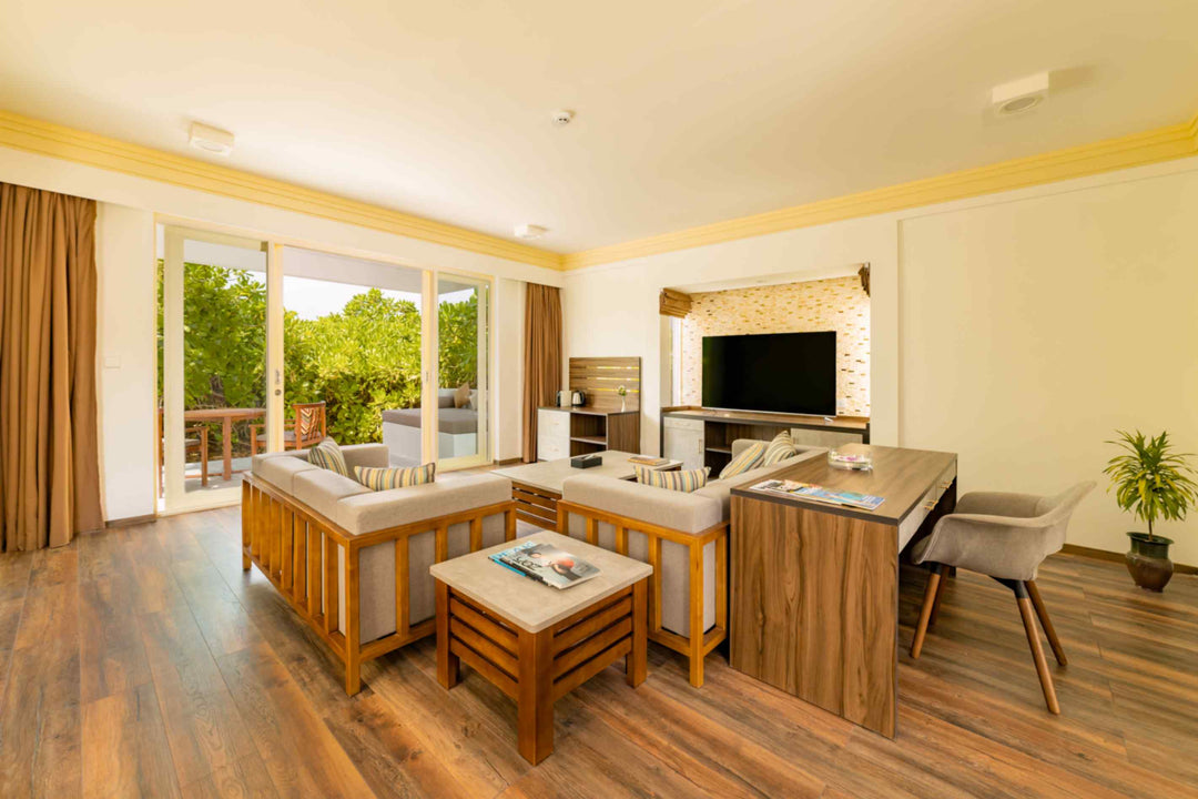 Living area of a Two Storey Pool Beach Residence at Siyam World, Noonu Atoll, Maldives