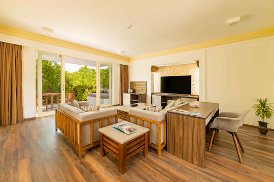 Living area of a Two Storey Pool Beach Residence at Siyam World, Noonu Atoll, Maldives