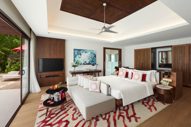 Side view of the bedroom in a Two Bedroom Beach Pool Pavilion at Niyama Private Islands