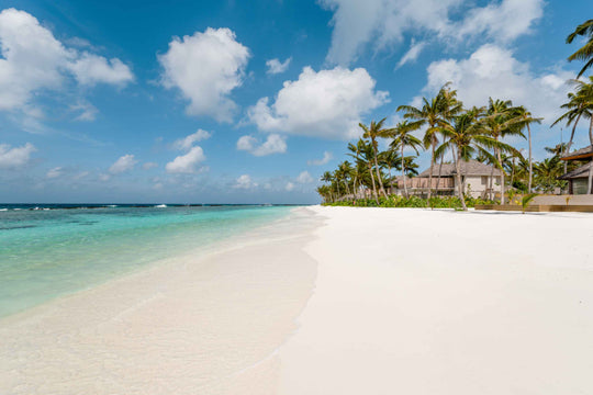 A sand spit at ananea Madivaru Maldives running out from the palms into clear shallow water