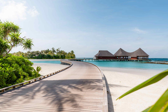 The overwater restaurant at ananea Madivaru Maldives at the end of its jetty, palms along the shore