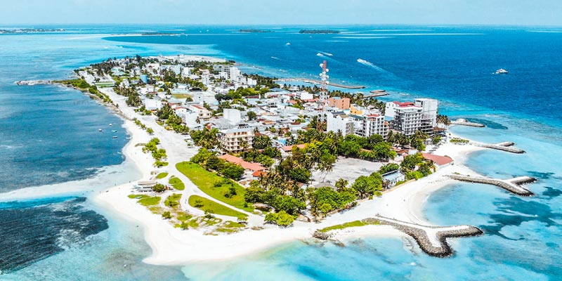 Aerial view of Maafushi island and its beaches