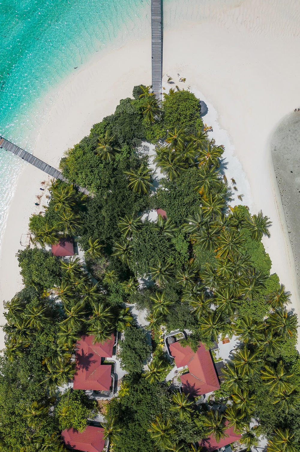 Aerial view of Medhufushi Island Resort, the long wooded island edged with white sand in Meemu Atoll