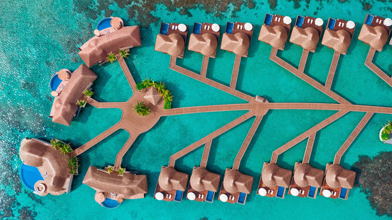 An Overwater Oasis villa at W Maldives seen from the air