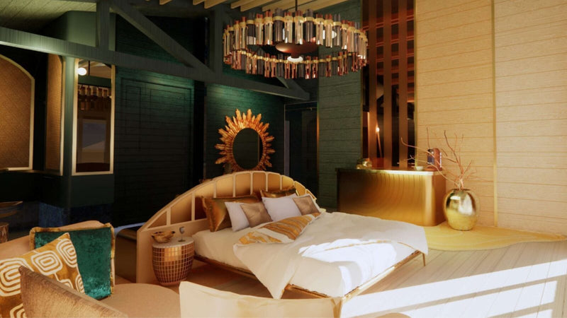 The bedroom of an Avi Water Villa at Oaga Art Resort, a round bed under a sunburst mirror