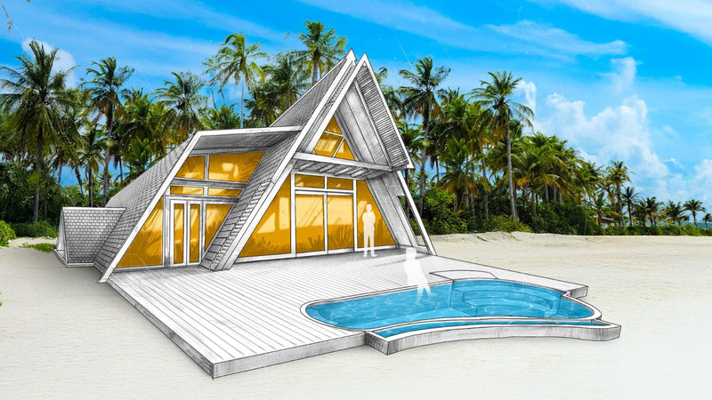 An illustration of the Haruge Two Bedroom Beach Suite at Oaga Art Resort, an A-frame villa with a pool on the sand