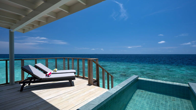 OBLU SELECT Lobigili, North Malé Atoll: the deck and pool of a SunNest Water Pool Villa, facing the open sea