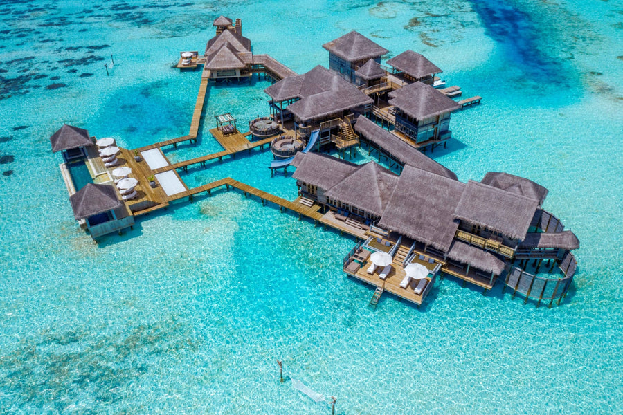 The Private Reserve at Gili Lankanfushi from the air, standing alone in the lagoon