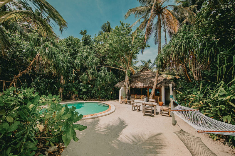 A Soneva Fushi villa suite with pool, a thatched villa and its pool among dense tropical trees