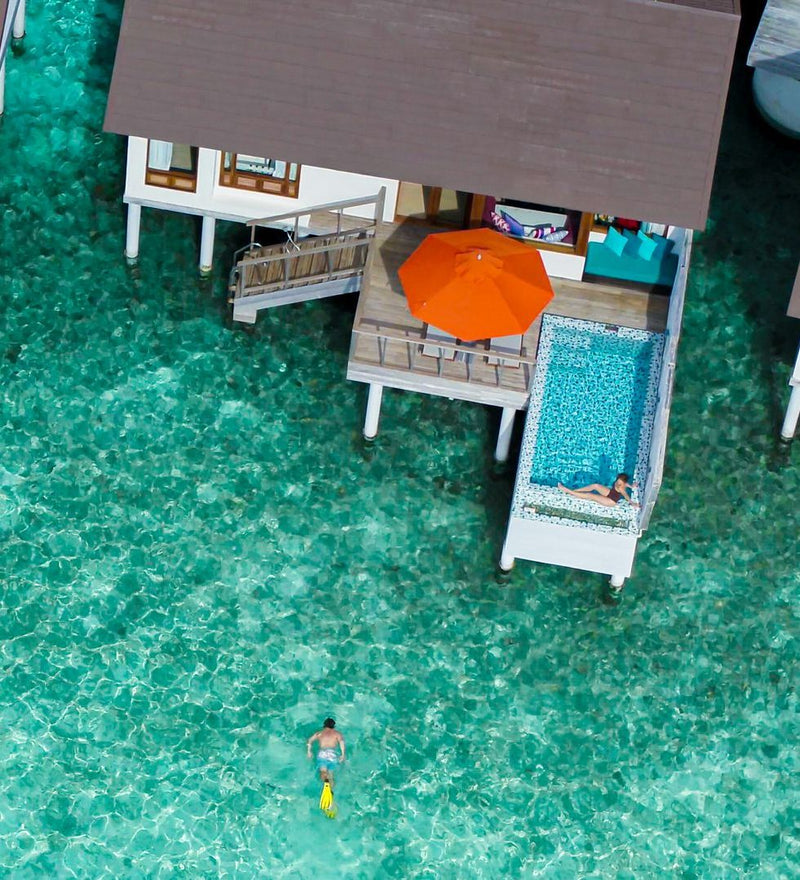 OBLU SELECT Sangeli, North Malé Atoll: from above, the deck and pool of a water villa with pool