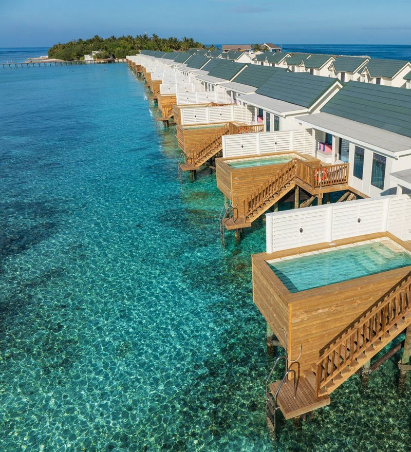 OBLU NATURE Helengeli by SENTIDO, North Malé Atoll: the decks, plunge pools and sea steps of the water villas