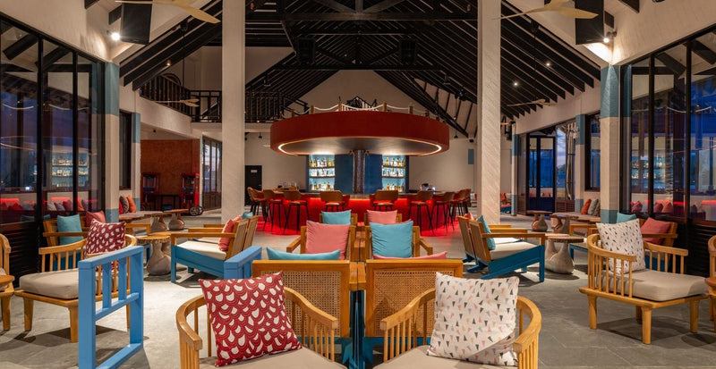 OBLU Xperience Ailafushi, North Malé Atoll: a restaurant dining room under a round red canopy