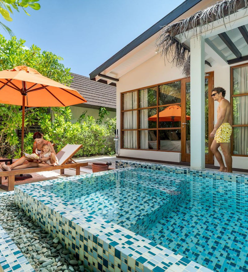 OBLU SELECT Sangeli, North Malé Atoll: a beach villa with pool, its sun loungers and garden terrace