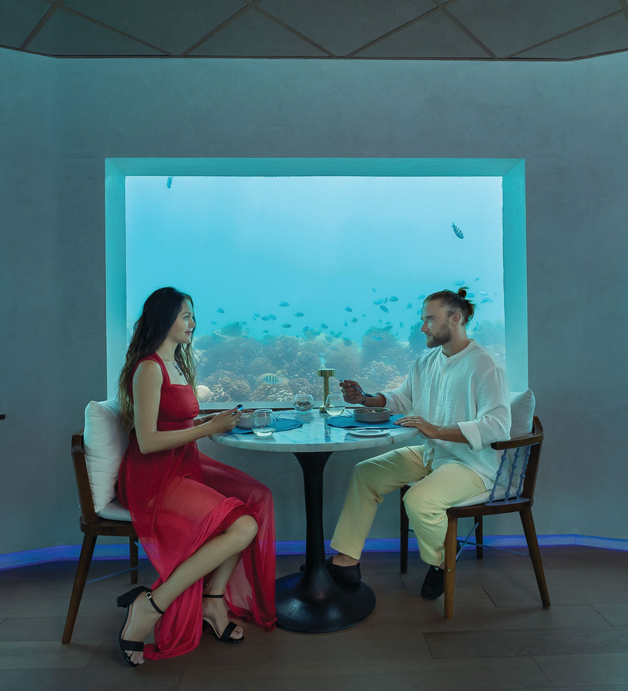OBLU SELECT Lobigili, North Malé Atoll: dinner at a window table in Only Blu, the underwater restaurant