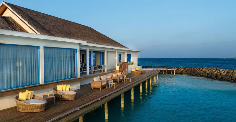 OBLU NATURE Helengeli by SENTIDO, North Malé Atoll: a restaurant deck with lounge seating, built out over the lagoon