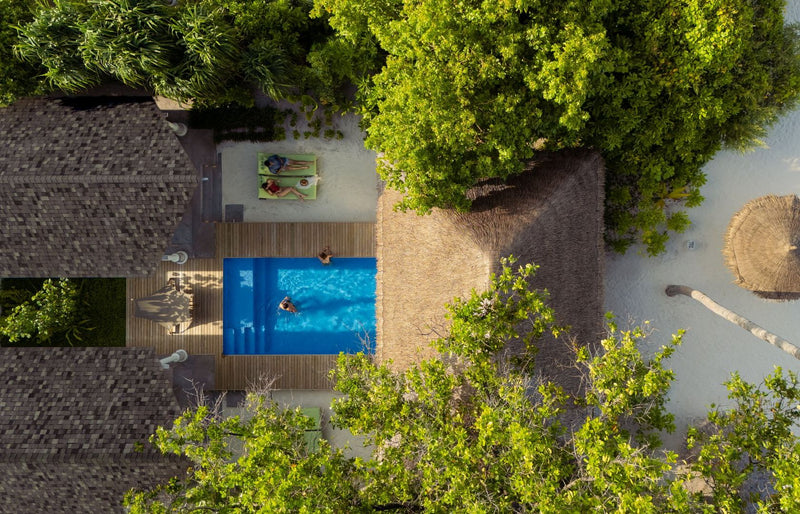 RAAYA by Atmosphere, Raa Atoll: from above, the private plunge pool and garden of a beach villa