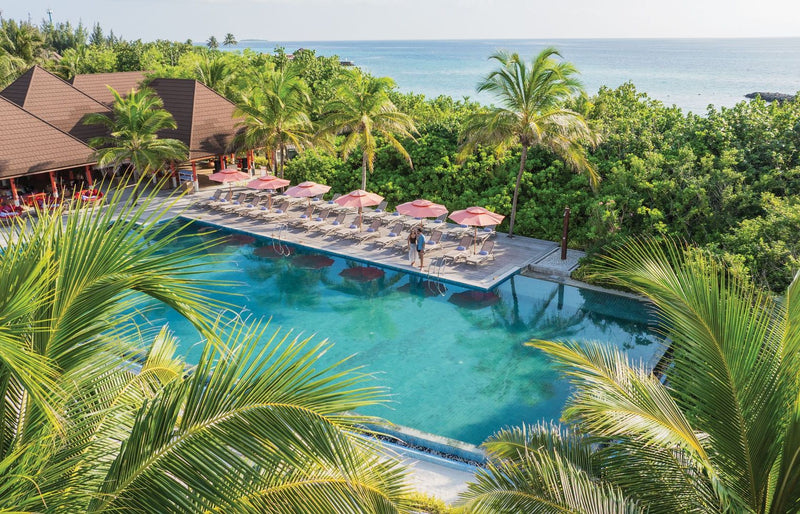 VARU by Atmosphere, North Malé Atoll: the main pool and its row of umbrellas among the palms