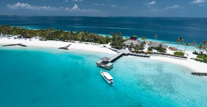 OBLU SELECT Lobigili, North Malé Atoll: the beach and jetty from the air