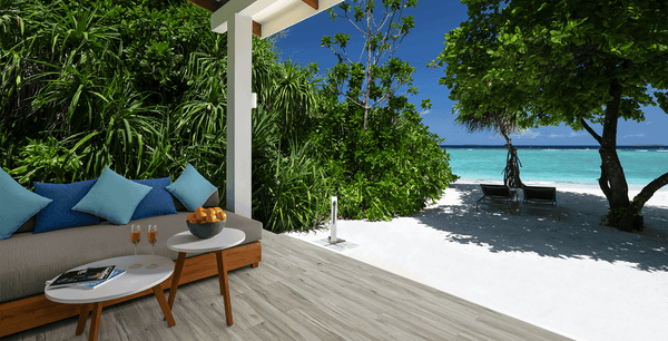 The outdoor area of a Sunset Beach Villa at Ifuru Island Maldives.