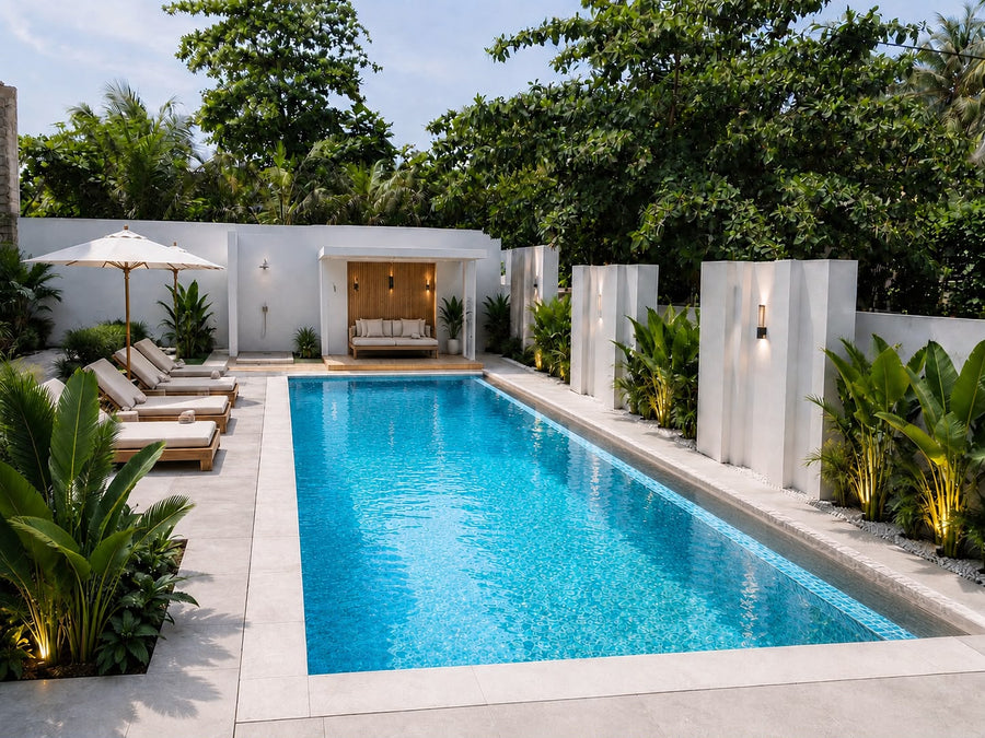 The Sultanate Fulhadhoo, Baa Atoll (artist's impression): long pool with sun loungers, umbrellas and a lit garden wall