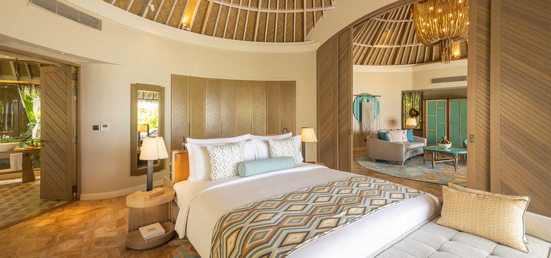 The bedroom of a Beach House with Private Pool at The Nautilus Maldives.