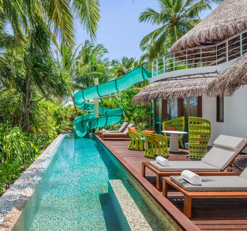 The terrace of a beach villa at W Maldives